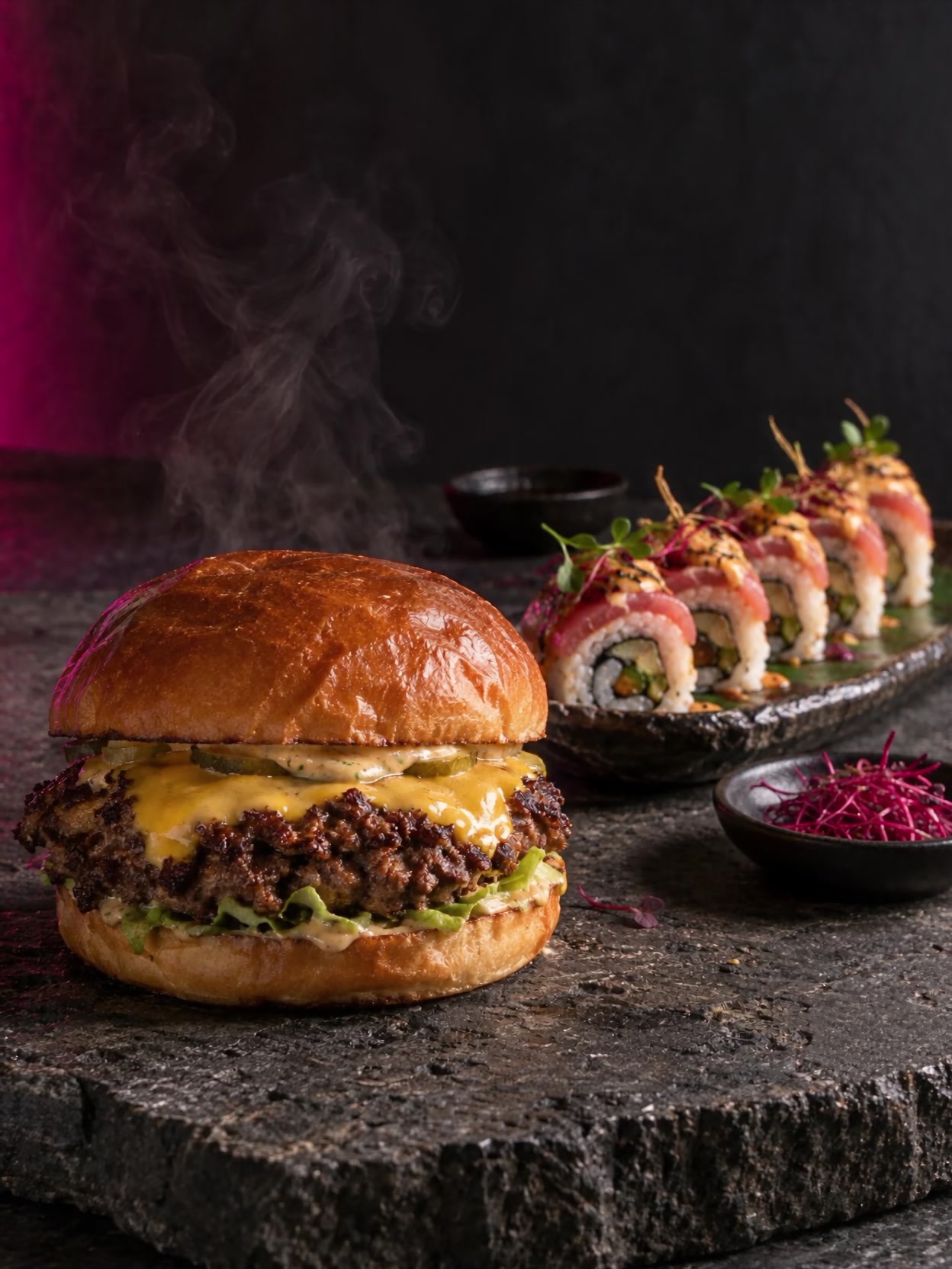Hamburguesa y sushi sobre piedra mineral con luz cuidada y vapor